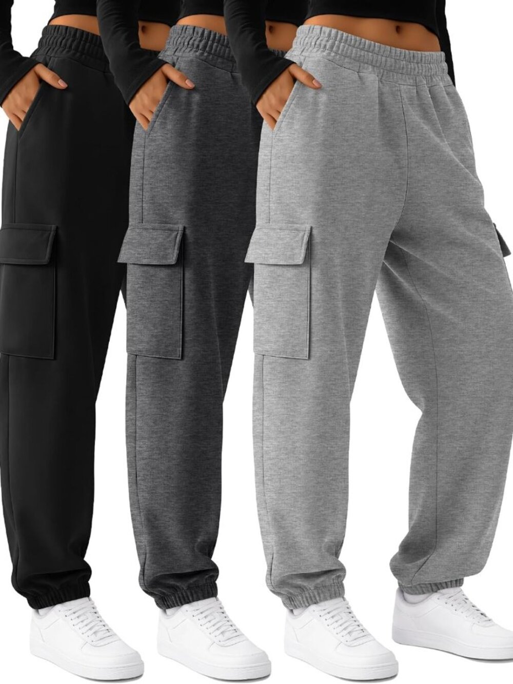 3 Pack Women's Cargo Joggers - Comfy Baggy Sweatpants for Casual Style